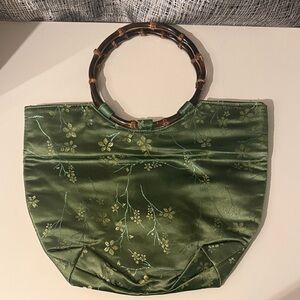 Green Satin Bamboo-Handle Handbag